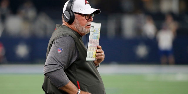 Tampa Bay Buccaneers coach Bruce Arians watches play against the Dallas Cowboys during the first half of a preseason NFL football game in Arlington, Texas, Thursday, Aug. 29, 2019. (AP Photo/Michael Ainsworth)