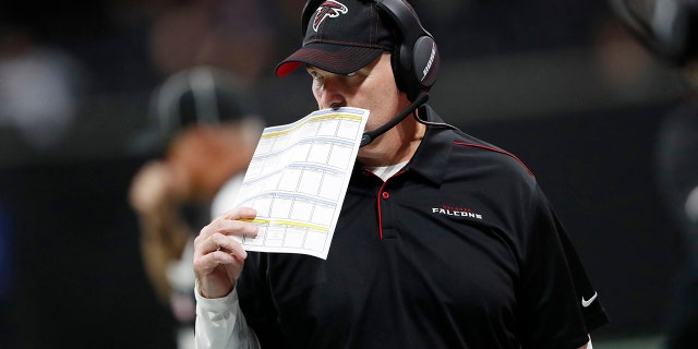 Atlanta Falcons head coach Dan Quinn watches play against the Washington Redskins during the first half an NFL pre-season football game, Thursday, Aug. 22, 2019, in Atlanta. (AP Photo/John Bazemore)