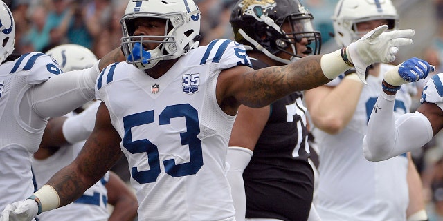 FILE - In this Dec. 2, 2018, file photo, Indianapolis Colts outside linebacker Darius Leonard (53) reacts after forcing a turnover during the first half of the team's NFL football game against the Jacksonville Jaguars in Jacksonville, Fla. (AP Photo/Phelan M. Ebenhack, File)