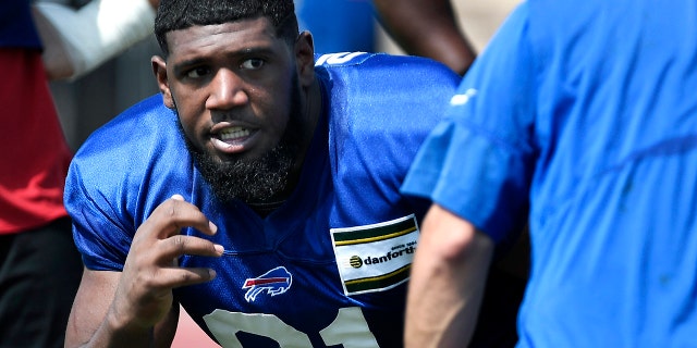In this July 25, 2019, file photo, Buffalo Bills defensive tackle Ed Oliver, left, runs a drill during practice at the NFL football team's training camp in Pittsford, N.Y. (AP Photo/Adrian Kraus, File)