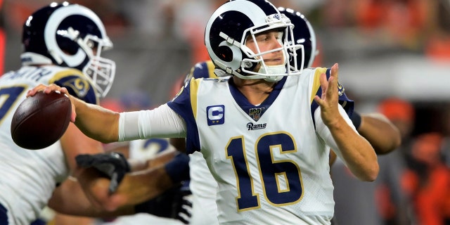 Los Angeles Rams quarterback Jared Goff throws during the first half of an NFL football game against the Cleveland Browns, Sunday, Sept. 22, 2019, in Cleveland. (AP Photo/David Richard)