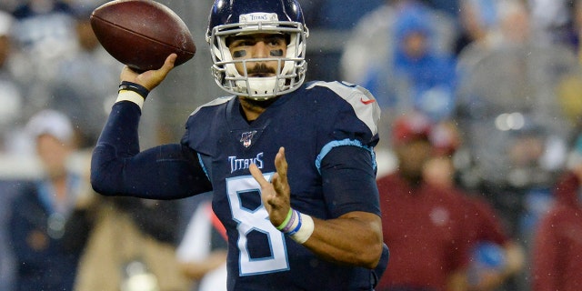 Tennessee Titans quarterback Marcus Mariota passes against the Pittsburgh Steelers in the first half of a preseason NFL football game Sunday, Aug. 25, 2019, in Nashville, Tenn. (AP Photo/Mark Zaleski)