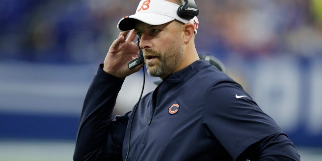 Chicago Bears head coach Matt Nagy watches the first half of an NFL preseason football game against the Indianapolis Colts, on Aug. 24, 2019, in Indianapolis. (AP Photo/Michael Conroy)