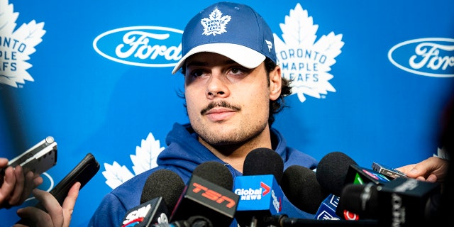 Toronto Maple Leafs center Auston Matthews speaks to media during an NHL hockey press conference in Toronto, Thursday, Sept. 12, 2019. (Christopher Katsarov/The Canadian Press via AP)