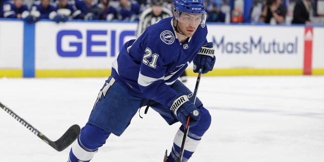 FILE - In this April 12, 2019, file photo, Tampa Bay Lightning center Brayden Point (21) is shown during the second period of Game 2 of an NHL Eastern Conference first-round hockey playoff series against the Columbus Blue Jackets, in Tampa, Fla. (AP Photo/Chris O'Meara, File)