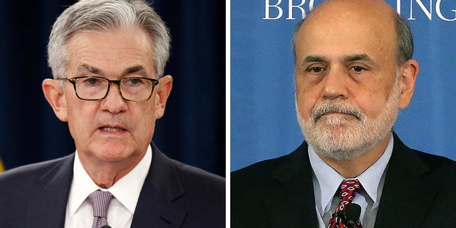 Current and former Federal Reserve Chairmen Jerome Powell (L) and Ben Bernanke, respectively
