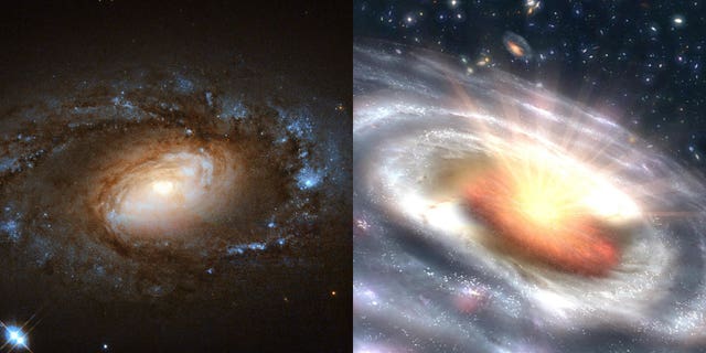 A low-ionization nuclear emission-line region (LINER) galaxy (infrared and visible light imagery - left) and an artist's impression of a blazing quasar (right).