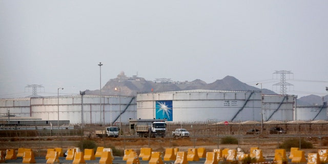 Storage tanks are seen at the North Jeddah bulk plant, an Aramco oil facility, in Jeddah, Saudi Arabia, Sunday, Sept. 15, 2019.