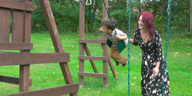 Laura Jones, 39, plays with her son, Jacob Jones, 5, at their Wilkes-Barre home.