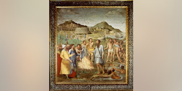 Italy, Lazio, Rome, St. Paul's outside the Walls. Whole artwork view. Saint Paul and the castaways warming up around a bonfire after they landed on the isle of Malta.