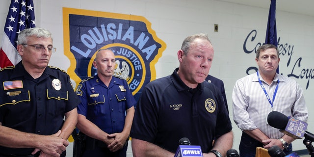 Mandeville police chief Gerald Stricker holds a press conference after Friday's shooting. (David Grunfeld / The Advocate via AP)