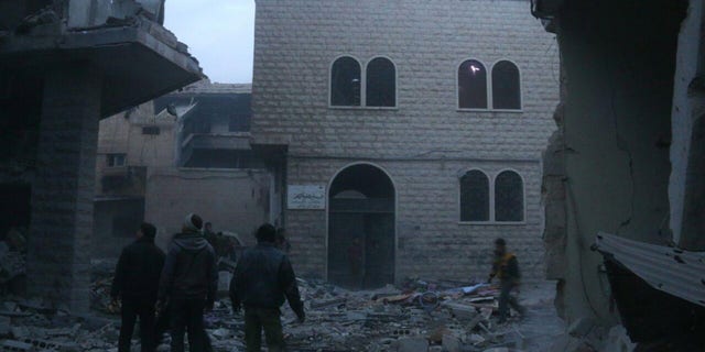 Damage from Syrian government warplanes to a church east of Damascus, in February 2018.