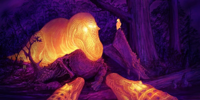 A graphic thermal image of a T. rex with its dorsotemporal fenestra glowing on the skull. (Credit: Brian Engh)