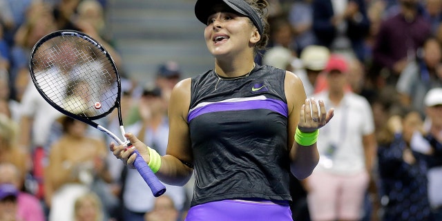 Bianca Andreescu, of Canada, reacts after defeating Elise Mertens, of Belgium, during the quarterfinals of the U.S. Open tennis tournament, Wednesday, Sept. 4, 2019, in New York. (AP Photo/Seth Wenig)