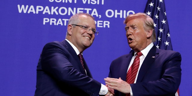 President Trump and Australian Prime Minister Scott Morrison shaking hands at Pratt Industries on Sunday in Wapakoneta, Ohio. 