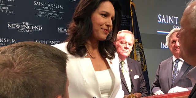 Democratic presidential candidate Rep. Tulsi Gabbard of Hawaii speaks with voters after headlining 'Politics and Eggs' at the New Hampshire Institute of Politics, on Thursday September 5, 2019 in Manchester.