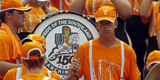 Members of the Pride of the Southland band perform while they wear the superfan jersey of the University of Tennessee after designing their own UT jersey and wearing it at his school before a college football match against the Chattanooga in the NCAA, Saturday, September 14, 2019, in Knoxville, Tennessee. . (AP Photo / Wade Payne)
