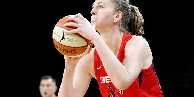 Washington Mystics' Emma Meesseman shoots against the Las Vegas Aces during the second half of Game 4 of a WNBA playoff basketball series Tuesday, Sept. 24, 2019, in Las Vegas. (AP Photo/John Locher)