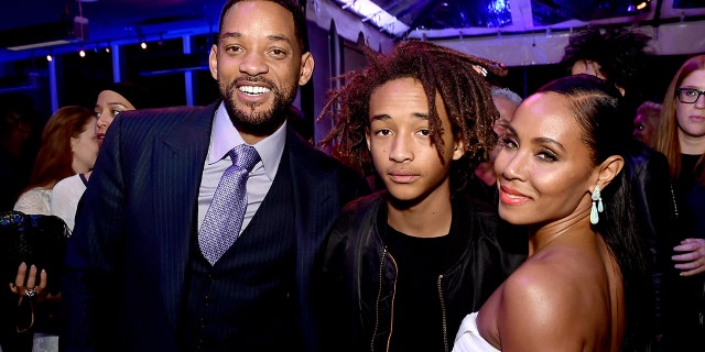 Actors Will Smith, son Jaden Smith and his wife Jada Pinkett Smith pose at the after-party for the premiere of Warner Bros. Pictures'