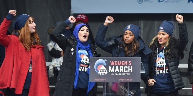 Co-Chairs of the March of Women, from left: Bob Bland, Linda Sarsour and Tamika D. Mallory. They would have left the organization. Carmen Perez, however (far right) remained with the group. (Photo by Aaron J. Thornton / Getty Images) File