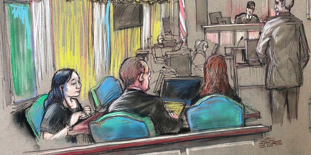 In this April 15 court sketch, Yujing Zhang, left, a Chinese woman accused of lying to illegally enter the Mar-a-Lago club of President Trump, during a hearing in West Palm Beach. , in Florida (Daniel Pontet via AP, File)