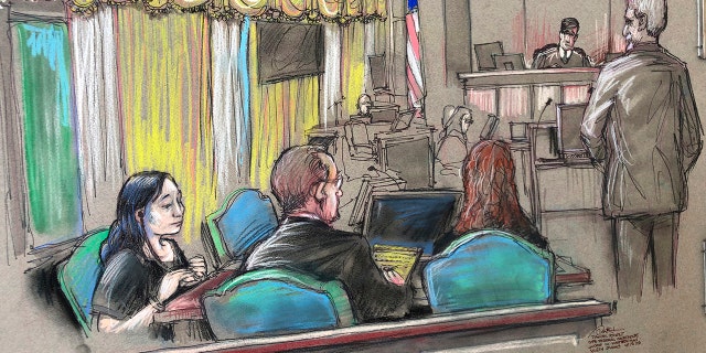 In this April 15 court sketch, Yujing Zhang, left, a Chinese woman accused of lying to illegally enter the Mar-a-Lago club of President Trump, during a hearing in West Palm Beach. , in Florida (Daniel Pontet via AP, File)