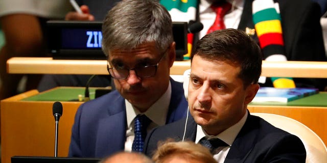 Ukrainian President Volodymyr Zelensky listens to speakers at the 74th session of the United Nations General Assembly at U.N. headquarters Tuesday, Sept. 24, 2019. (AP Photo/Seth Wenig)