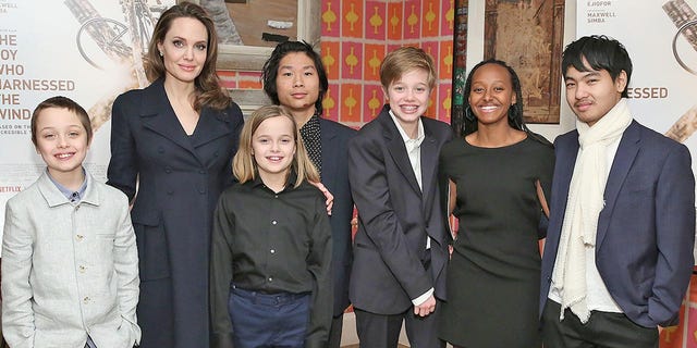 Angelina Jolie with her and Brad Pitt's children Knox Leon, Vivienne Marcheline, Pax Thien, Shiloh Nouvel, Zahara Marley and Maddox Chivan Jolie-Pitt.