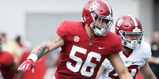 Antonio Alfano #56 of the Alabama Crimson Tide in action during the team's A-Day Spring Game at Bryant-Denny Stadium on April 13, 2019 in Tuscaloosa, Alabama. (Photo by Joe Robbins/Getty Images)