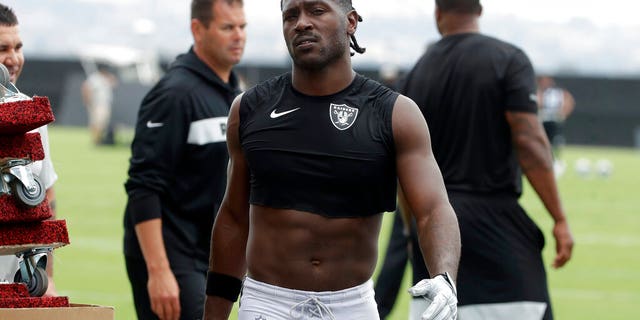 FILE - Antonio Brown, when he was a member of the Oakland Raiders. (AP Photo/Jeff Chiu, File)