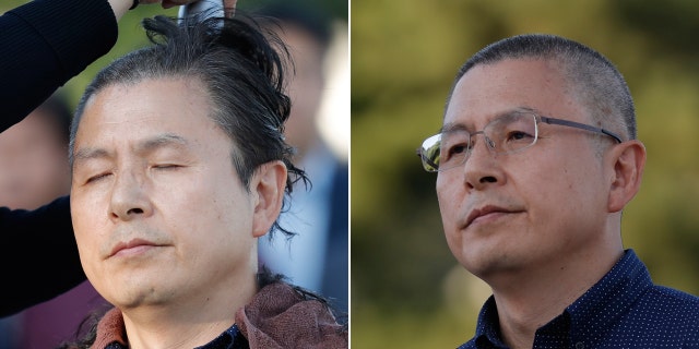 Hwang Kyo-ahn, the main opposition Liberty Korea Party chairman, stands before (left) and after shaved head in Seoul, South Korea, Monday, Sept. 16, 2019.