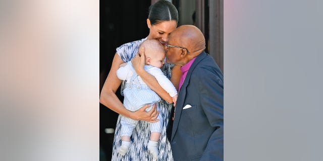 Meghan, Duchess of Sussex and her baby son Archie Mountbatten-Windsor meet Archbishop Desmond Tutu and his daughter Thandeka Tutu-Gxashe at the Desmond & Leah Tutu Legacy Foundation during their royal tour of South Africa on September 25, 2019, in Cape Town, South Africa.