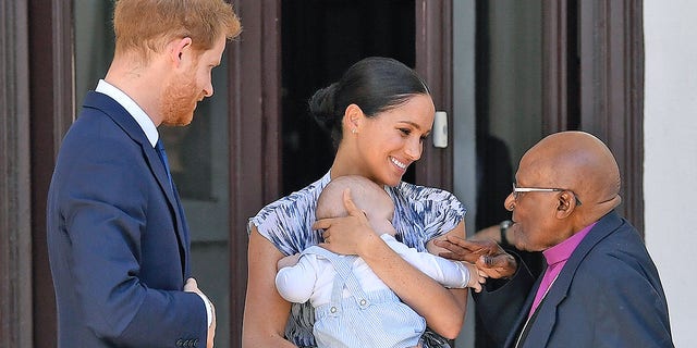 Prince Harry, Meghan Markle and their baby Archie Mountbatten-Windsor meet with Archbishop Desmond Tutu and his daughter Thandeka Tutu-Gxashe at the Desmond & amp; Leah Tutu Legacy Foundation during their royal tour in South Africa on September 25, 2019 in Cape Town, South Africa.