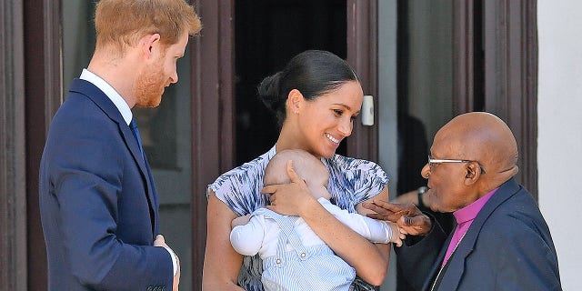 Prince Harry, Meghan, Duchess of Sussex and their baby son Archie Mountbatten-Windsor meet Archbishop Desmond Tutu in September.