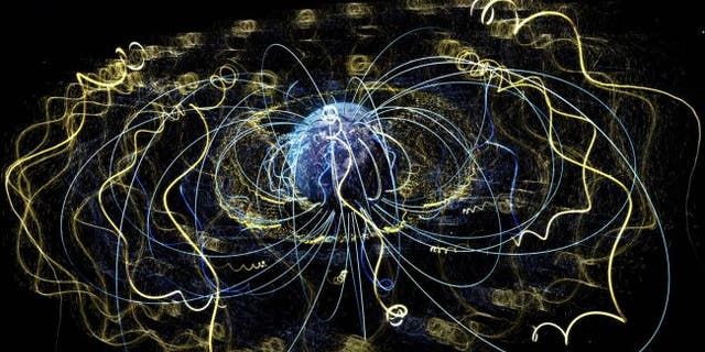 Around Earth, an invisible magnetic field traps electrons and other charged particles. (Credit: NASA's Goddard Space Flight Center)