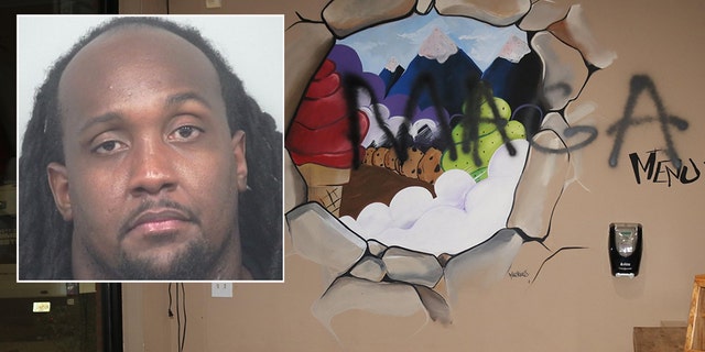 Mugshot for Edawn Coughtman, 31 years old. Officers saw swastikas and MAGA scribbling on the walls and kiosks of the damaged pizza and ice cream shop in Coughman, near Atlanta.