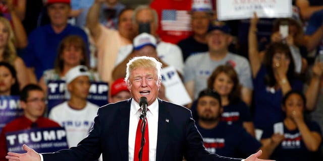 Then-presidential candidate Donald Trump speaking at a campaign event in Albuquerque, N.M., in 2016. (AP Photo/Brennan Linsley, File)