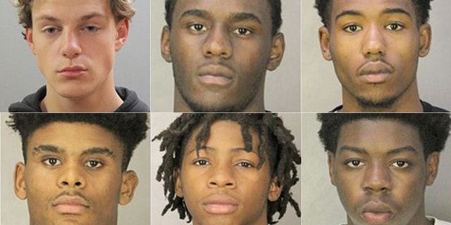 Tyler Flach, 18, of Lido Beach (top left) was charged with murder in the stabbing death of Khaseen Morris. Seven others, including Haakim Mechan, 19 (top center), Javonte Neals, 18 (top right), Marquis Stephens Jr., 18, Taj Woodruff, 17, Sean Merritt, 17 (bottom, from left to right) were charged with gang assault in the case.