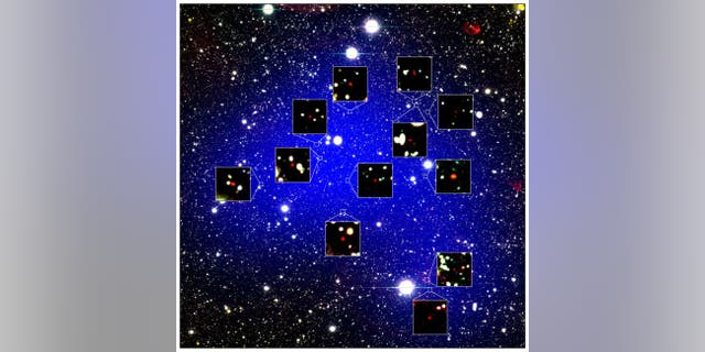 This image shows the region where the ancient galactic structure was found. The blue shading shows the area it covers. The red objects in the zoomed-in bits are the 12 galaxies. (Credit: NAOJ/Harikane et al.)