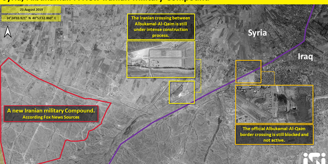 This image shows a new Iranian military compound, according to Fox News sources; center is the Iranian crossing between Albukamal-Al-Qaim under construction; right is the official border crossing which is blocked and not active.