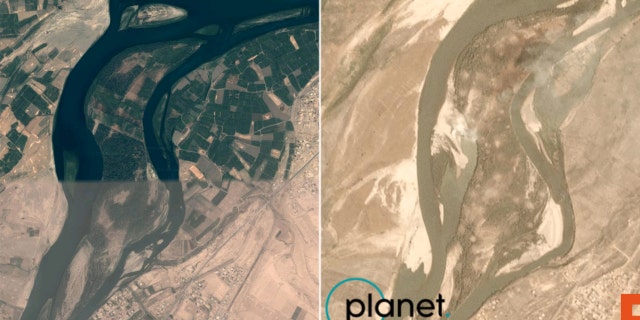 Qanus Island in Iraq as seen on Google Earth prior to the U.S. airstrike on Sept. 10, and a satellite image showing the island after the strike that day. (Satellite image courtesy of Wim Zwijnenburg and Planet Labs, Inc.)