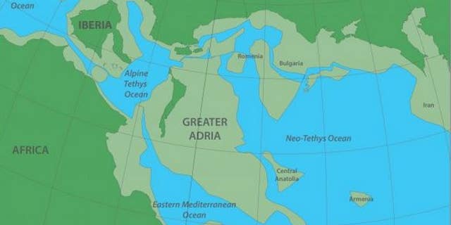 Greater Adria as it existed 140 million years ago, before sliding beneath what is now southern europe. The darker green areas depict the land above the water and the lighter green, the land below. (Image: © Douwe van Hinsbergen)
