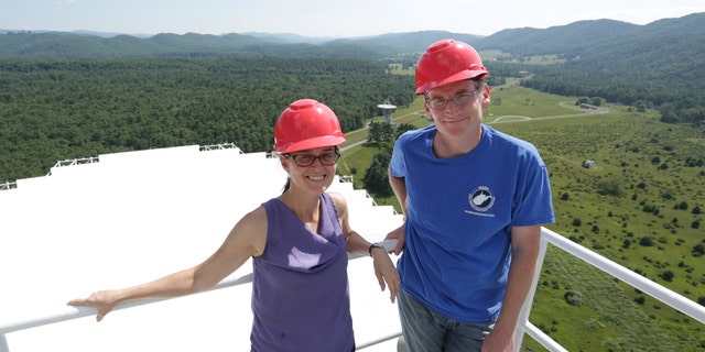 Maura McLaughlin and Duncan Lorimer of WVU use the Green Bank Observatory for research purposes. Here, McLaughlin and Lorimer stand at the top of the Green Bank telescope, which has enabled them to detect the most massive neutron star ever created. (CREDIT: Scott Lituchy / West Virginia University.)