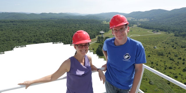 Maura McLaughlin and Duncan Lorimer of WVU use the Green Bank Observatory for research purposes. Here, McLaughlin and Lorimer stand at the top of the Green Bank telescope, which has enabled them to detect the most massive neutron star ever created. (CREDIT: Scott Lituchy / West Virginia University.)