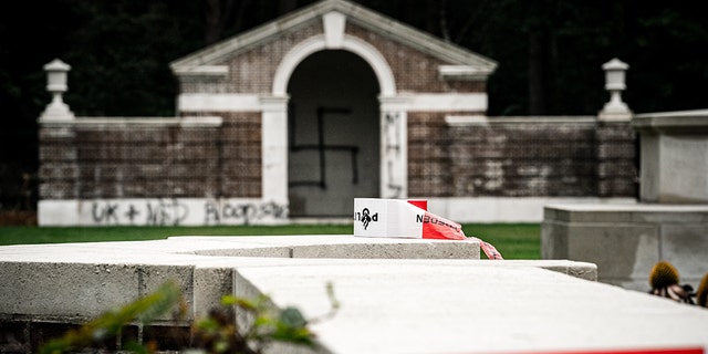 A large swastika was daubed on the inner wall of the chapel in the British World War II Commonwealth Graves cemetery in Mierlo, east of Eindhoven, Netherlands, on September 13, 2019. (Photo by Rob Engelaar / ANP / AFP) / Netherlands OUT (Photo credit should read ROB ENGELAAR/AFP/Getty Images)