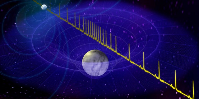 Artist impression of the pulse from a massive neutron star being delayed by the passage of a white dwarf star between the neutron star and Earth. This phenomenon is known as "Shapiro Delay." In essence, gravity from the white dwarf star slightly warps the space surrounding it, in accordance with Einstein's general theory of relativity. (Credit: SWNS)