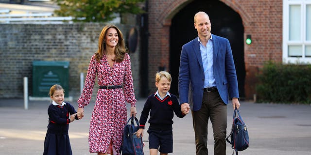 Princess Charlotte arrives for her first day of school, with her brother Prince George and her parents the Duke and Duchess of Cambridge, at Thomas's Battersea in London on Sept. 5, 2019 in London.