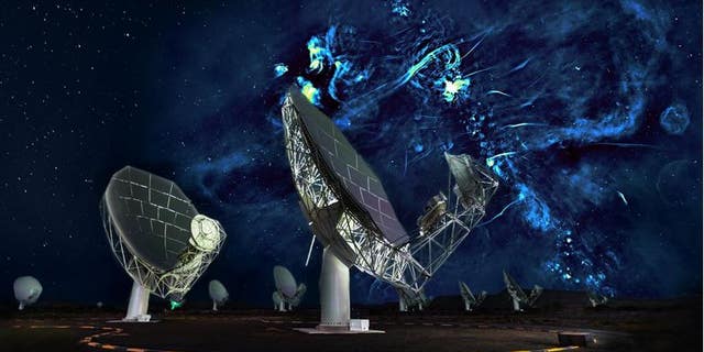 Radio image of the center of the Milky Way with a portion of the MeerKAT telescope array in the foreground.