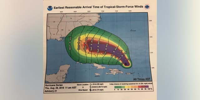 The president on Thursday afternoon invited Fox News into the Oval Office to argue that forecasts for Dorian last week had Alabama in the warning cone and provide graphics, like this one from the National Hurricane Center. [John Roberts/Fox News)