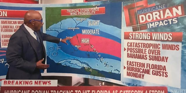 President Trump handed out this screenshot of an NBC News segment showing Alabama possibly being affected by Dorian.Â [John Roberts/Fox News)